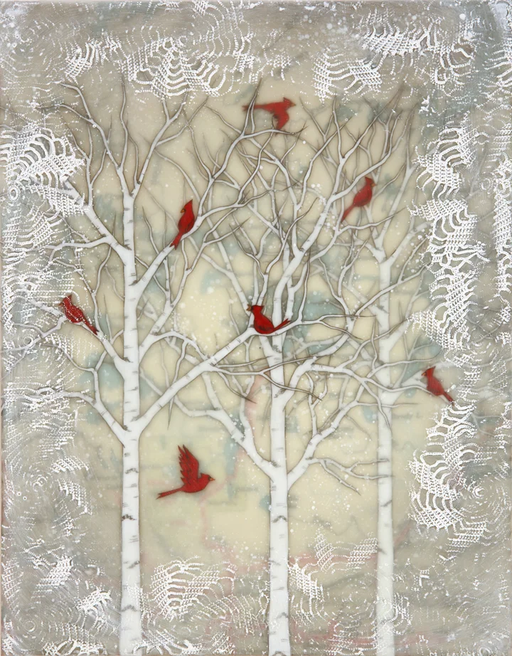 Snow Day , encaustic, rice paper, gouache, oil stick and vintage map, mounted on birch panel with reclaimed beach fence frame, 14 1/2" x 11 1/2" framed, sold