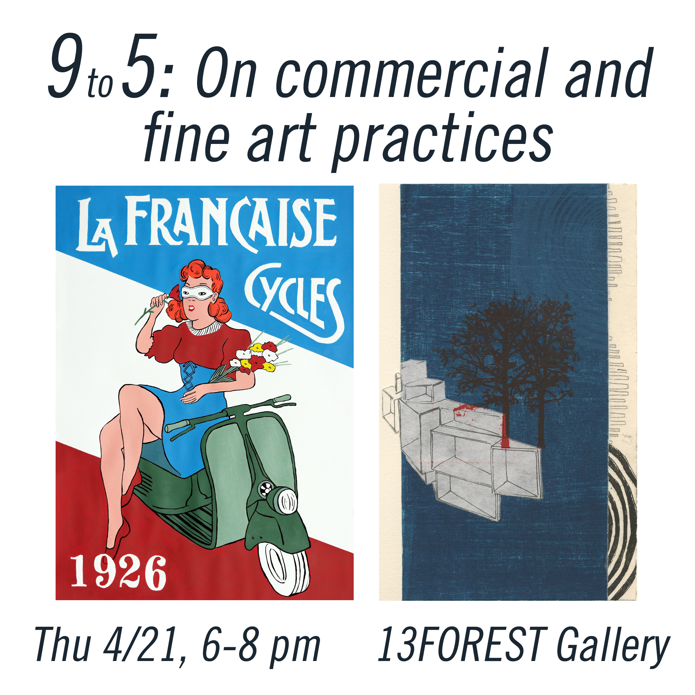 Above from left: Daniel Benayun , French Cycles , ink, gouache and acrylic on paper; Nina Wishnok , Where is What #3 , monotype collage, chine-collé on paper
