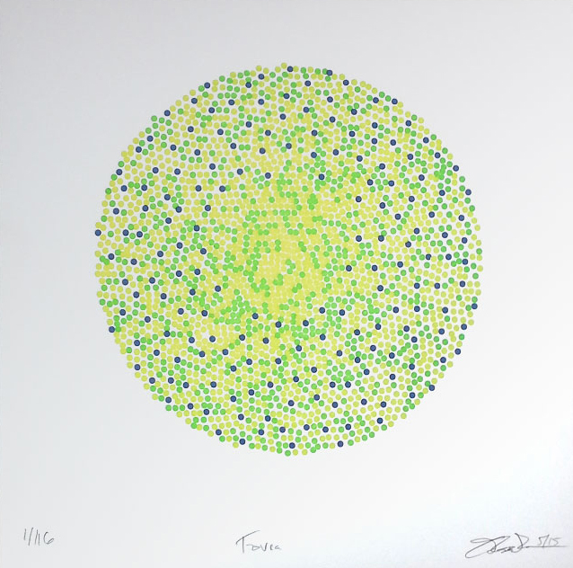 Fovea (5/116) , three-color letterpress print on paper, 8 1/2" x 8 1/2" unframed, $150; 15" x 13" framed, $275