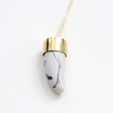 Marble Porcelain Tusk Necklace , brass bezel set porcelain on 14k gold filled chain, also available in black, $90