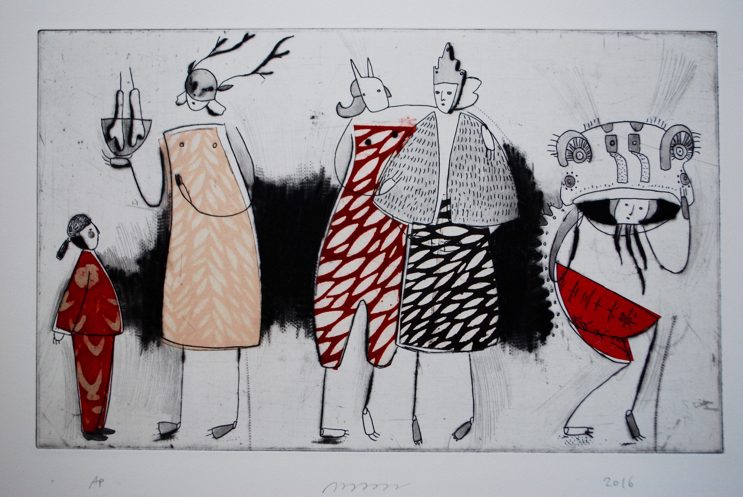 Nancy Popper , Two by Two , etching, drypoint and chine-collé on paper