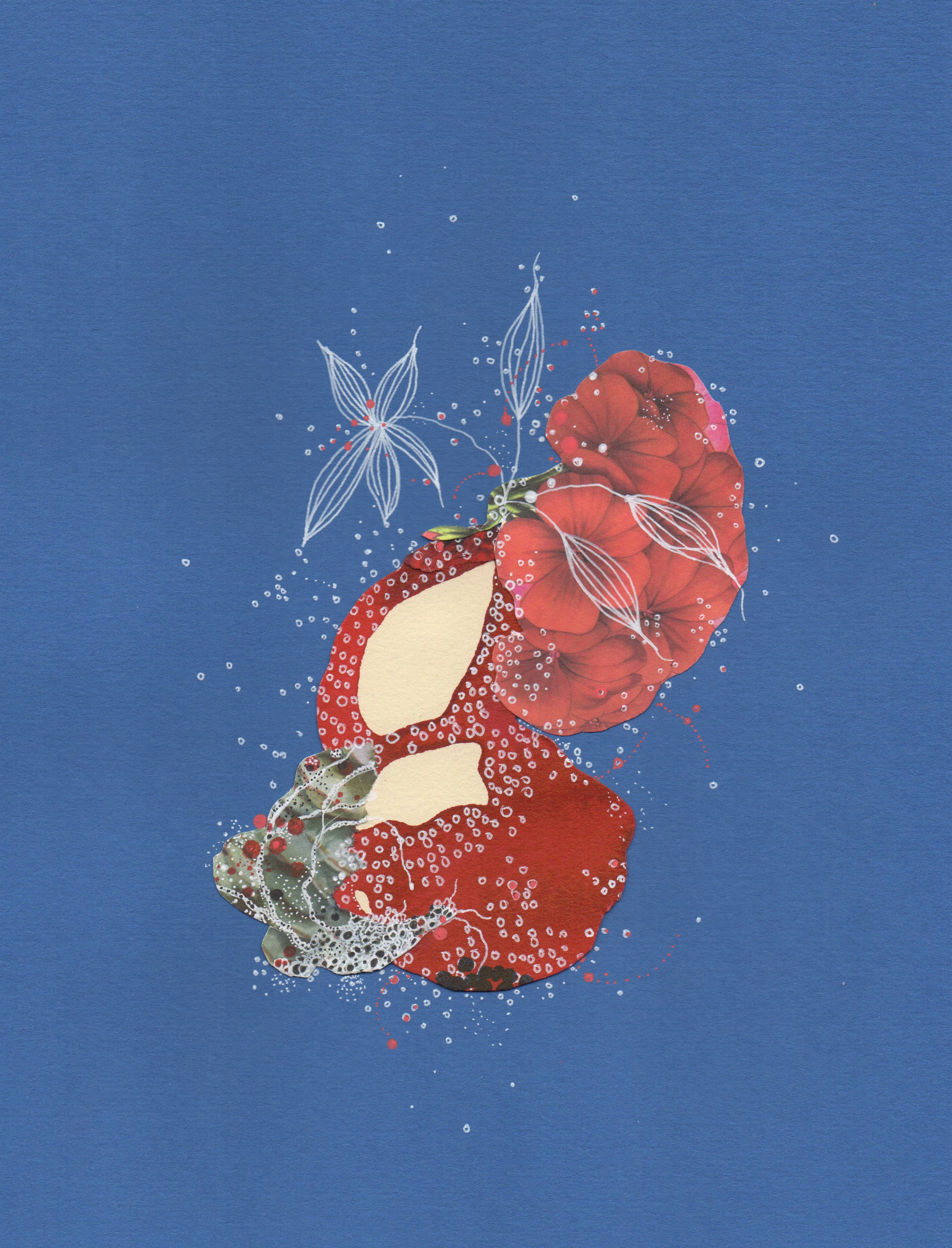 Celestial Ruby Coral , ink and found collage on paper, 11" x 8 1/2"