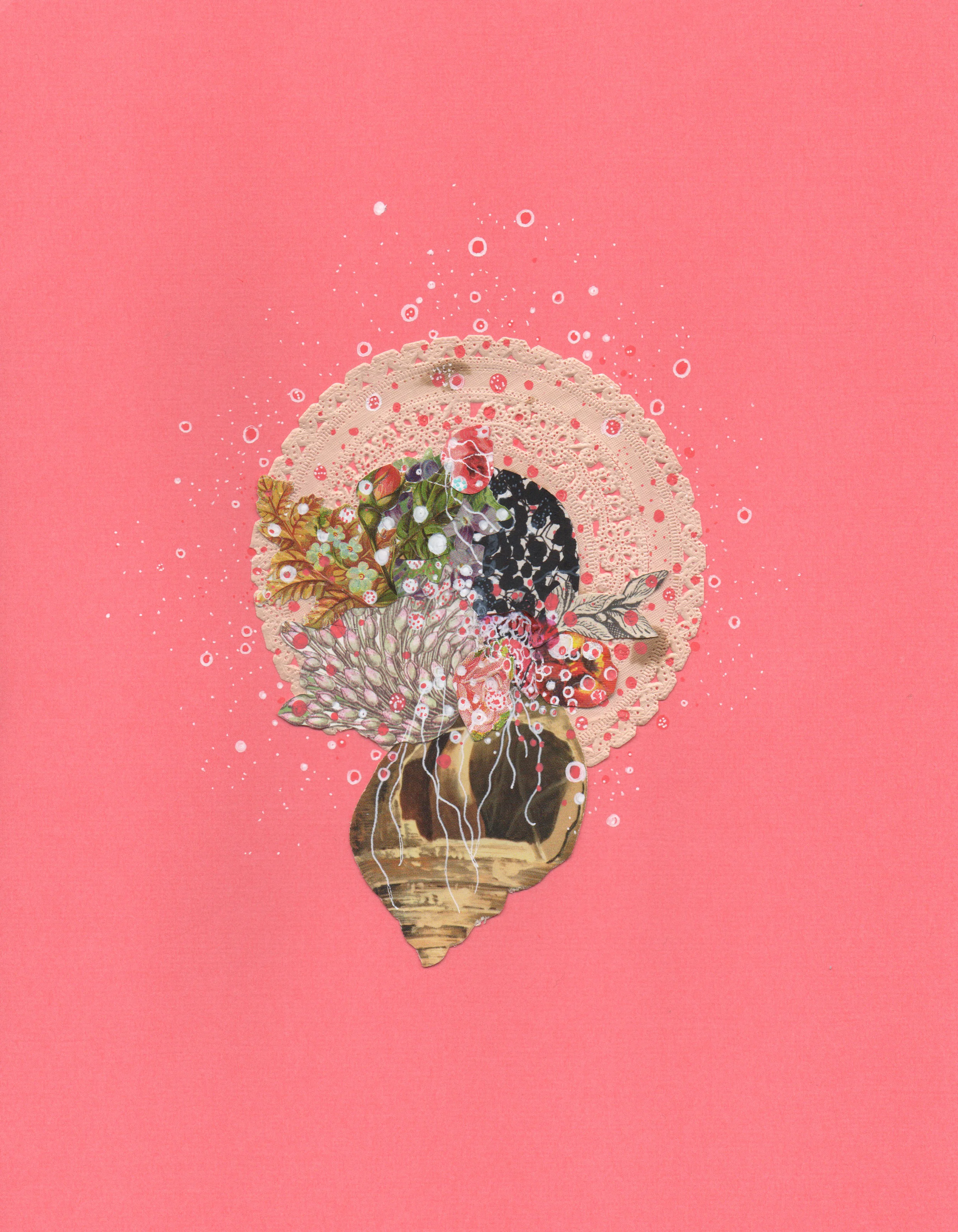 Mermaid's Halo , ink and found collage on paper, 11" x 8 1/2"