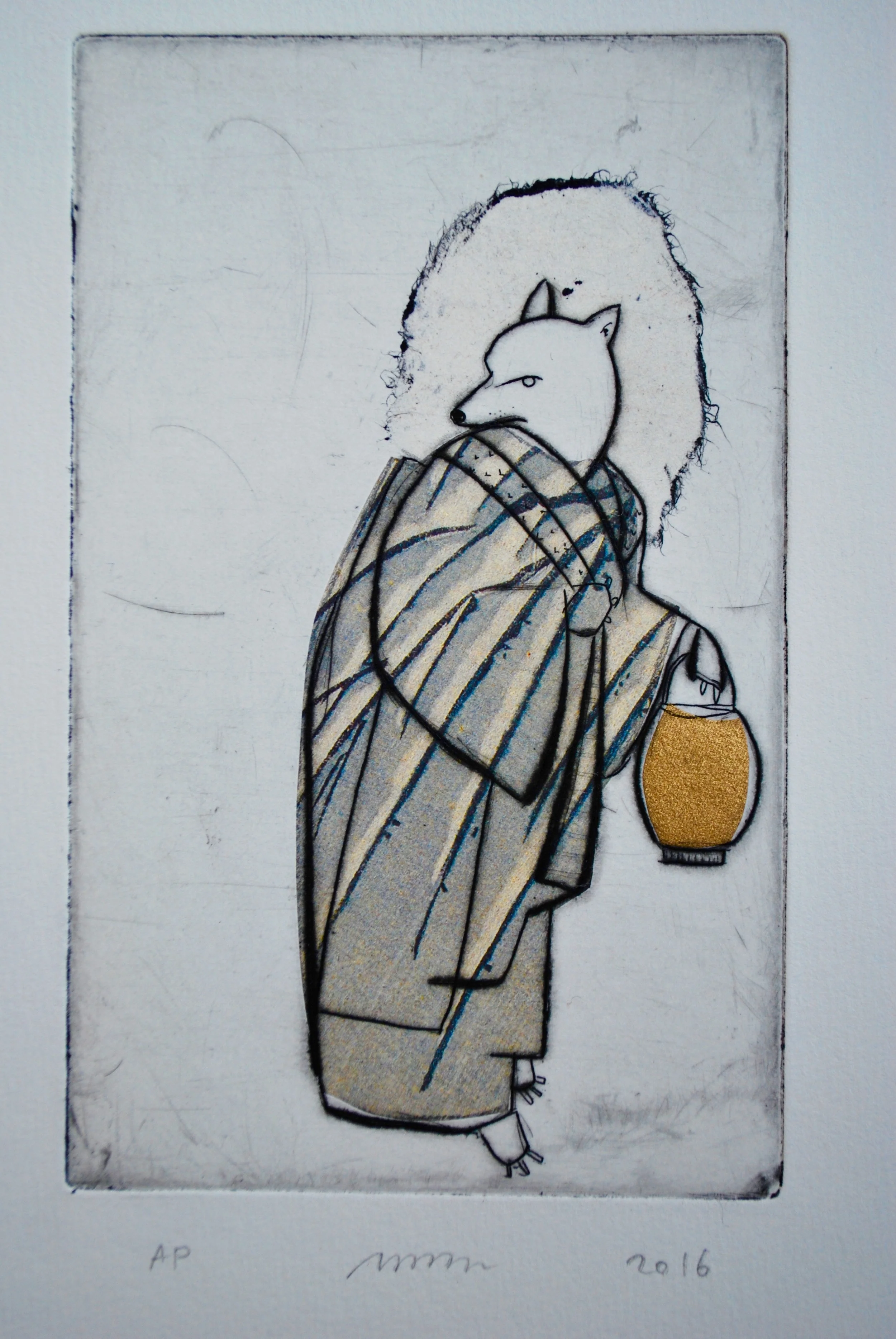 Snowy Branch Kitsune , etching, drypoint and chine-collé, 13" x 10" framed, $300
