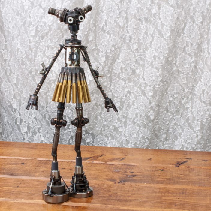 Margot #279 , Mercury-class astrobot, bicycle parts, titanium nitride taps, machine parts, flooring nails, stainless steel, bronze, copper, 19" x 10" x 4", sold