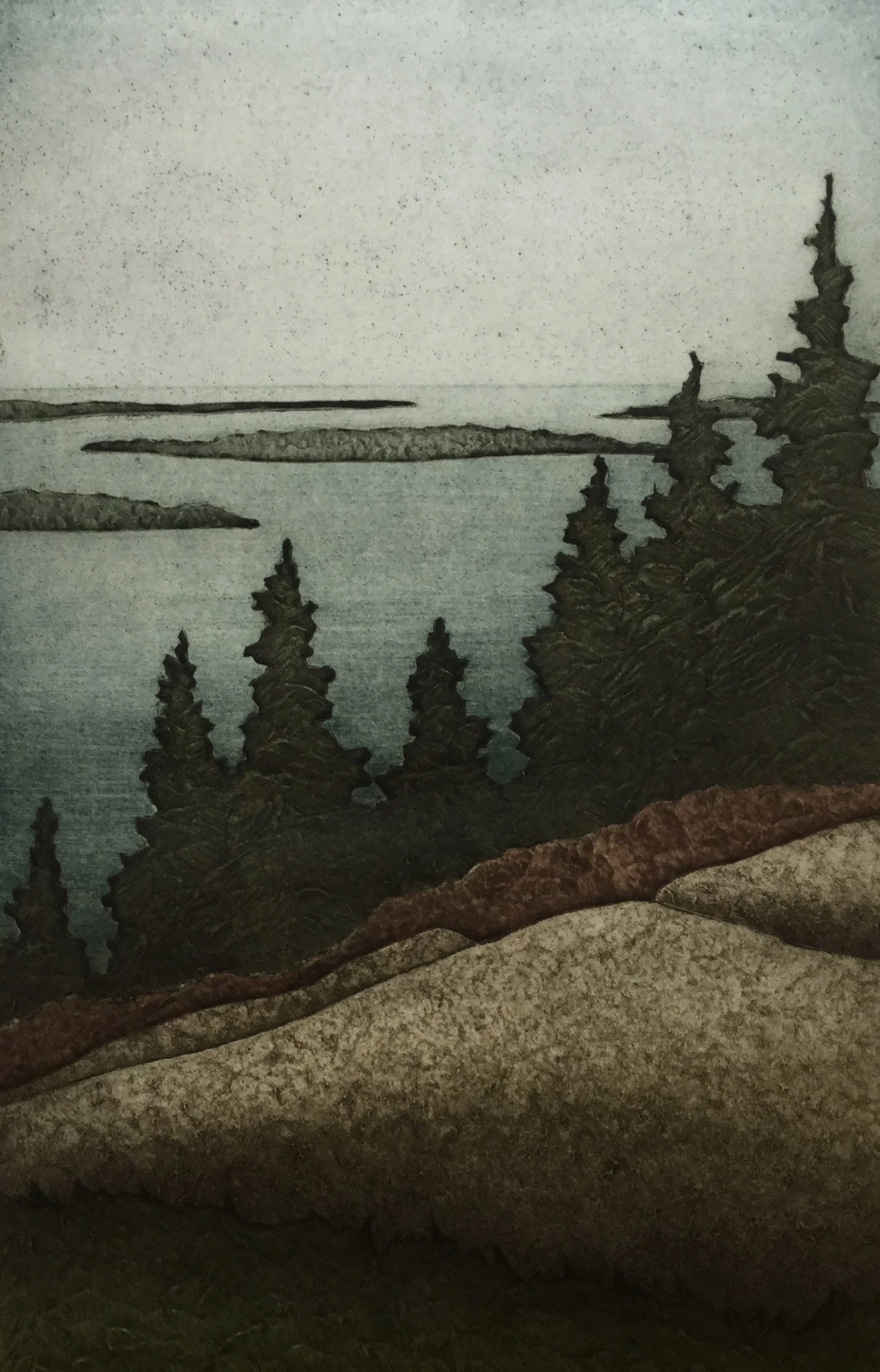 Island View (11/30) , collagraph on paper, 18" x 14"