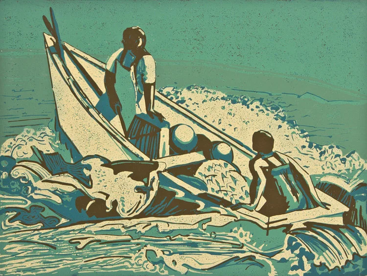 Up and Over (edition of 13) , reduction linoleum print on paper, 15 1/4" x 18 1/4" framed, $525. Also available unframed, $400.