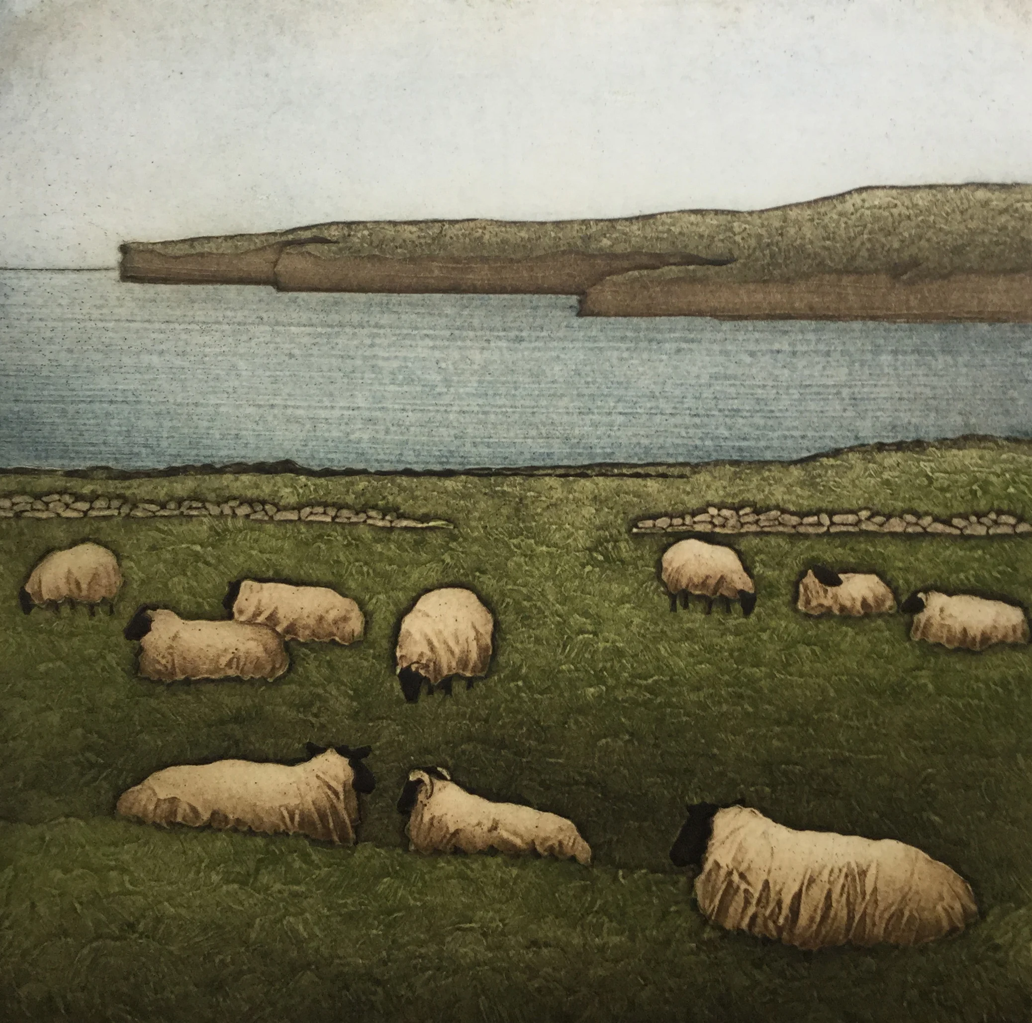 Quiet Flock, Downpatrick Head , collagraph on paper, 21 1/4" x 20 1/4" framed