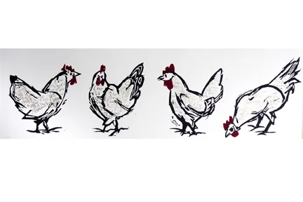 Three Hens and a Rooster (8/9) , reduction linoleum print on paper, 11 1/4" x 28 1/4", $225