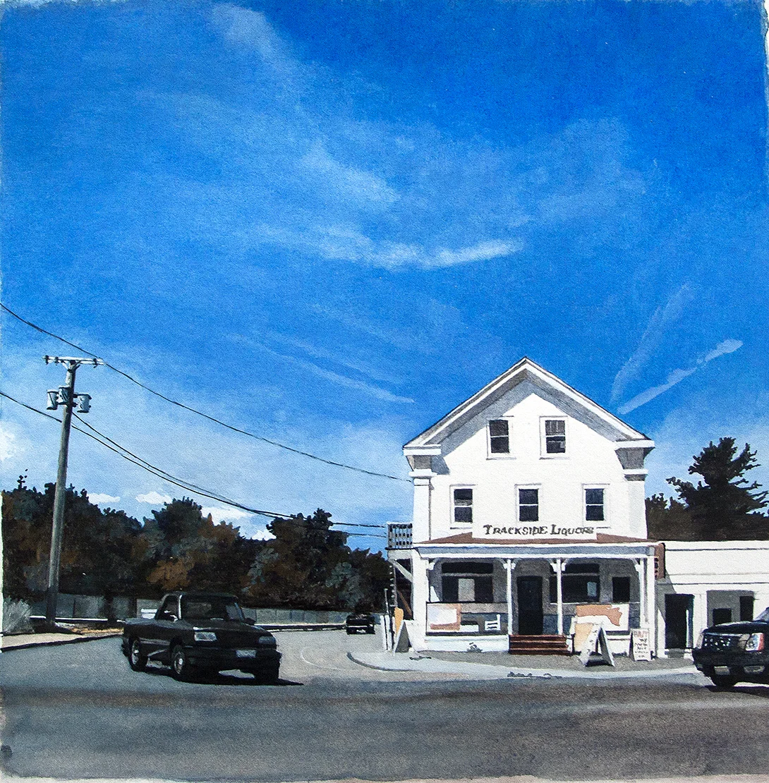 Trackside Liquors, Kingston, Mass. , watercolor on paper, 15" x 15" framed