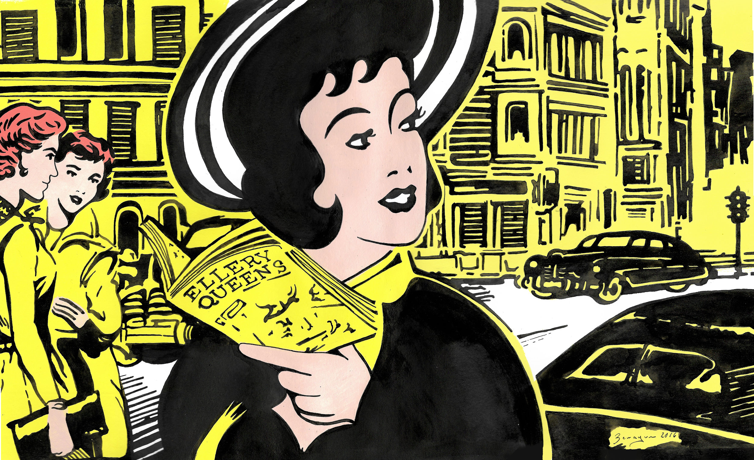 Ellery Queen's Metropolitan Tour , gouache, acrylic and ink on paper, 16 1/2" x 23 1/2" framed, sold