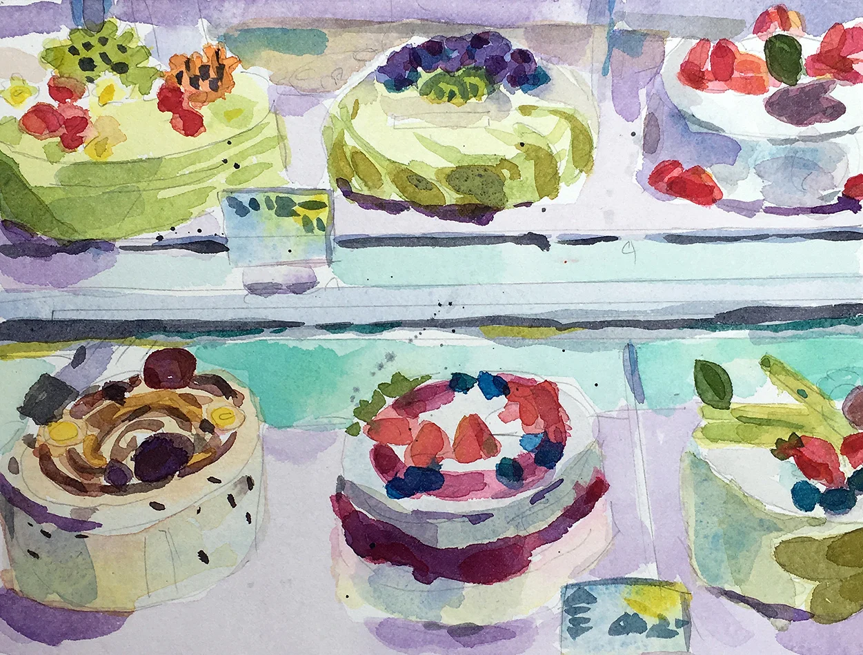Six Cakes , watercolor on paper, 11" x 14 1/4" framed, $450
