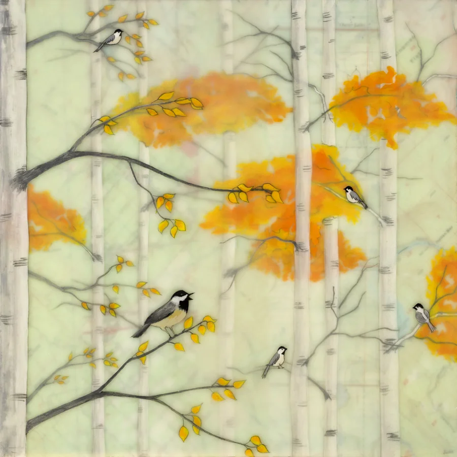 Autumn Chickadees , encaustic, rice paper, gouache, topical map mounted on birch panel with reclaimed beach fence frame, 10" x 10" framed, sold
