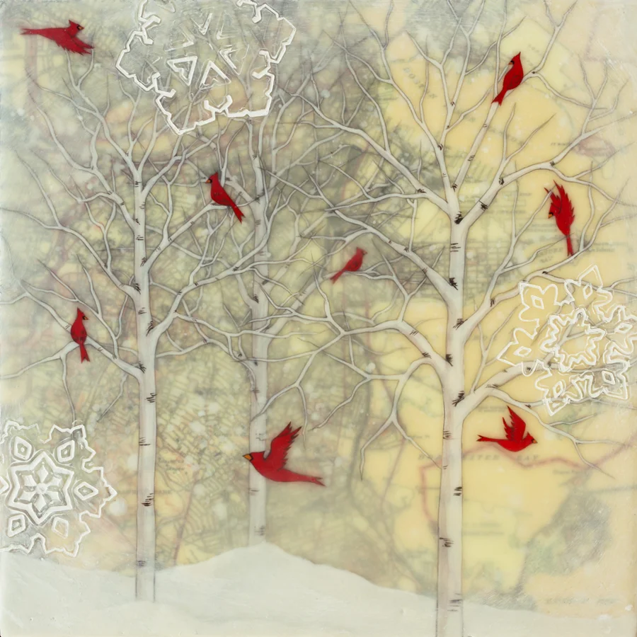 Cardinals and Snowflakes , encaustic, rice paper, gouache, oil stick, map of Boston mounted on birch panel with reclaimed beach fence frame, 10" x 10" framed, sold