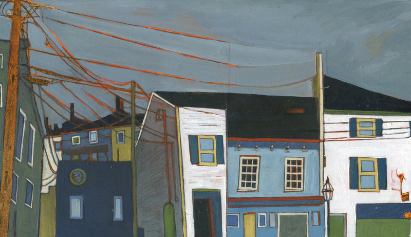 State and Penhallow , acrylic and graphite over collage on panel, 6 1/2" x 12", sold