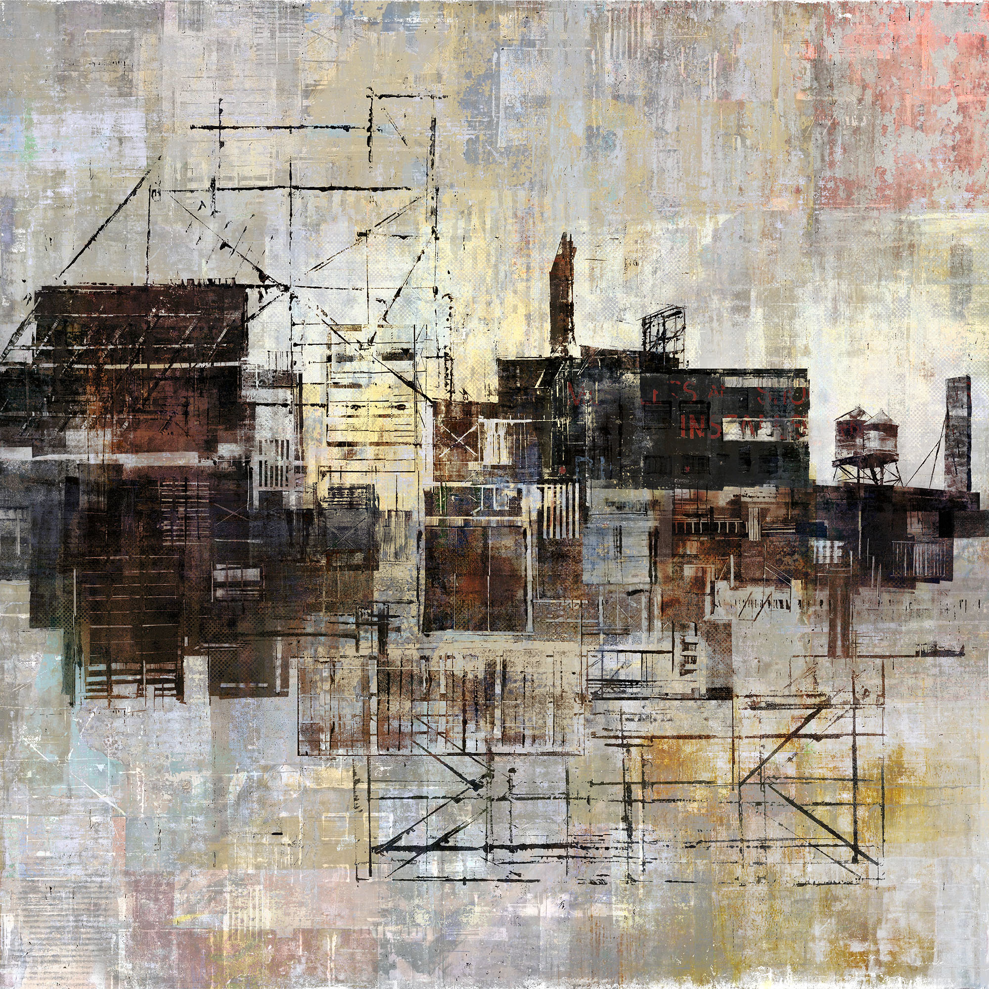 Barrenness (Study) , digital composition transferred to wood, masonite, gesso, acrylic medium, wood glue, 11 3/4" x 11 3/4" x 2", sold