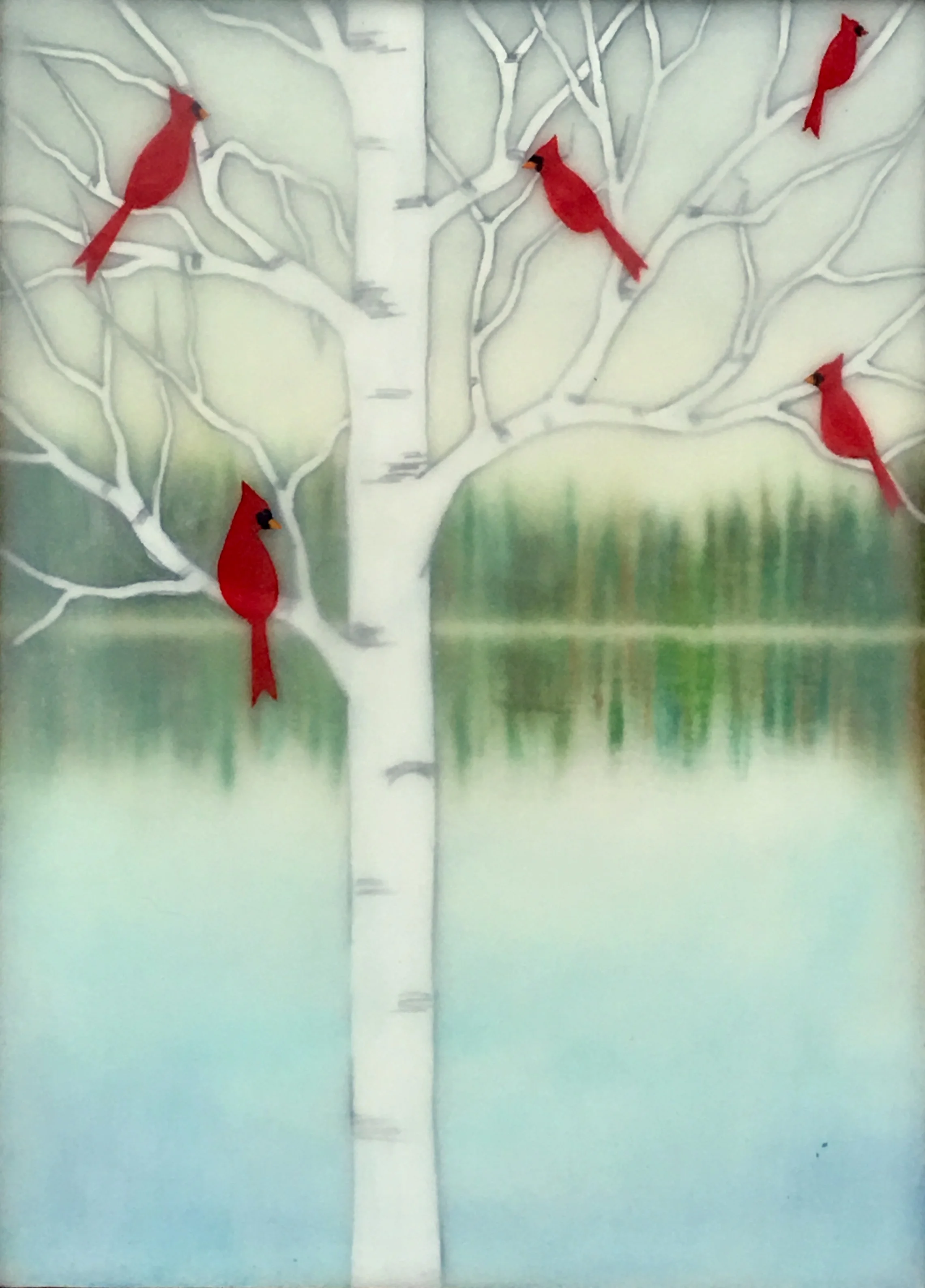 Cardinal Lake , encaustic, pastel, rice paper and gouache on birch panel with reclaimed beach fence frame, 7 1/2" x 5 1/2" framed, sold