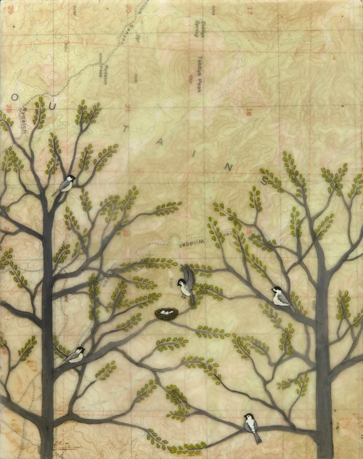 Coming Home , encaustic, rice paper, gouache and topographical map on birch panel with reclaimed beach fence frame, 10 1/2" x 8 1/2" framed, sold