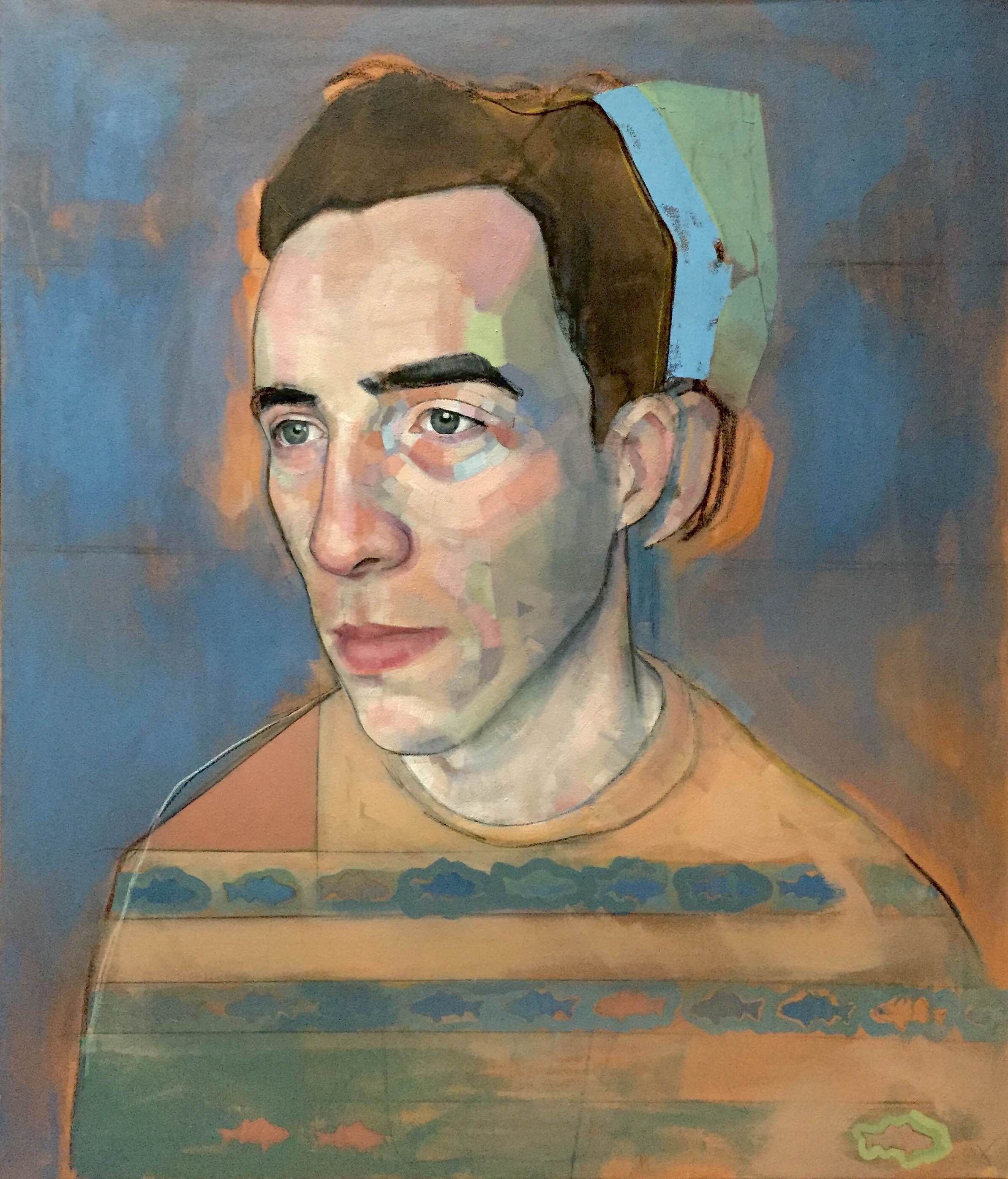 Fish Boy and the Case of the Roving Ear , oil, acrylic, charcoal on canvas, 54" x 46"