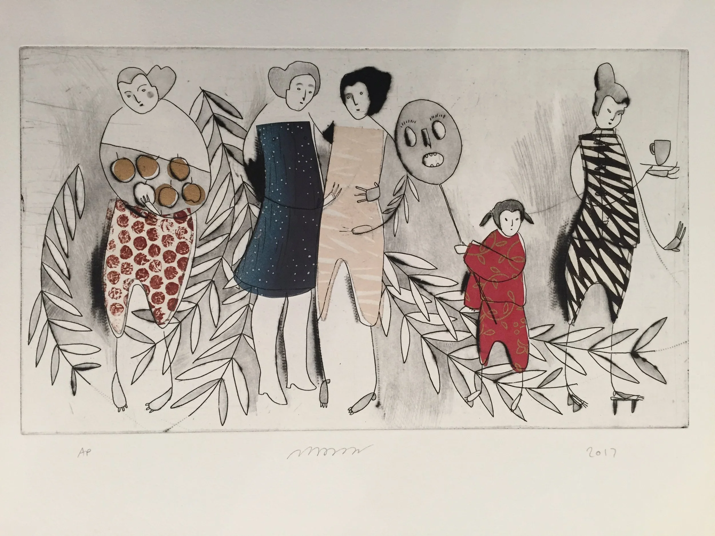 Five Golden Apples , etching, drypoint, and chine-collé, 17" x 21" framed, $475