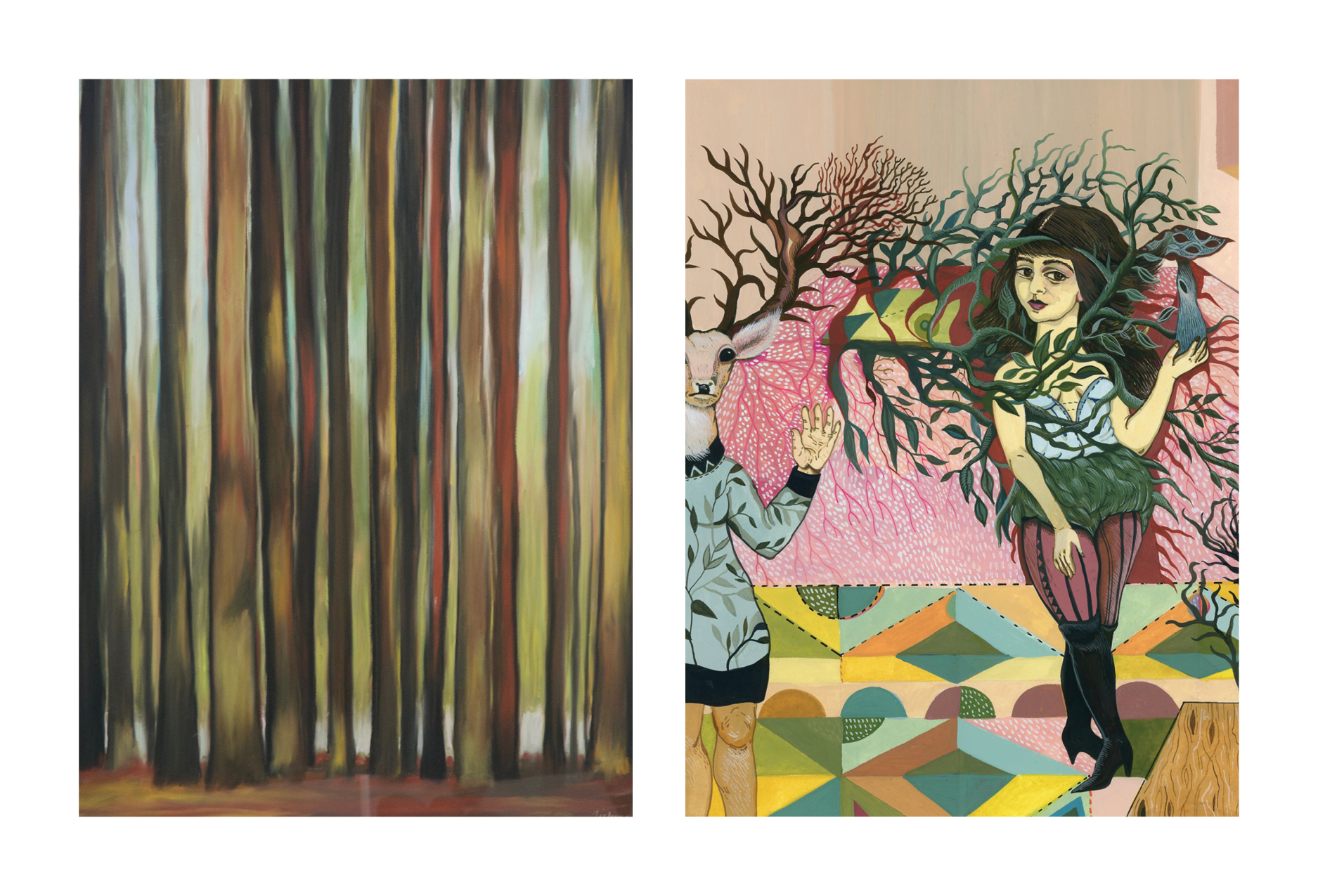 Left: Andrea Tishman , Quitticas , pastel and charcoal on sanded paper Right: Boriana Kantcheva , detail from Pink Room , gouache on paper