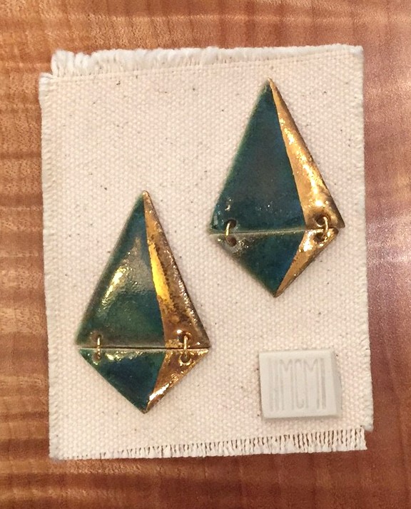 Two-tiered hanging stud earrings, porcelain with dark turquoise glaze and gold luster accent, 14k gold filled post