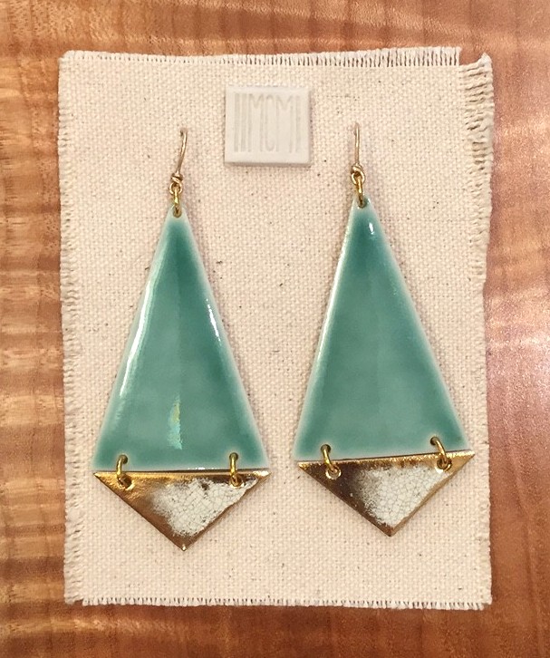 Large two-tiered hinged earrings, porcelain with aquamarine glaze over crackled gold, 14k gold filled hardware with handmade ear-wire, sold