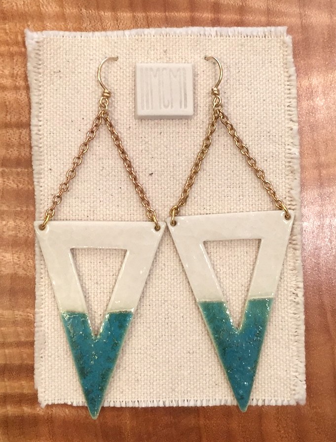Large open triangle earrings, porcelain with aquamarine glaze, 14k gold chain with handmade ear-wire