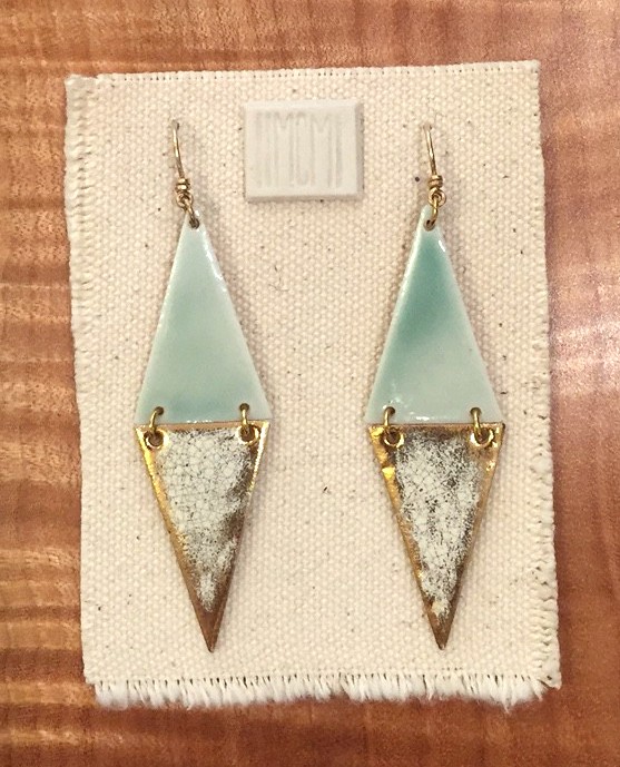 Narrow two-tiered hinged earrings, porcelain with celadon over crackled gold, 14k gold filled hardware and handmade ear-wire, sold