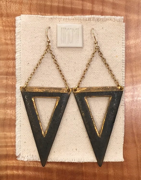 Large open triangle earrings, porcelain with metallic black glaze and gold luster accents, 14k gold filled chain and handmade ear-wire, sold
