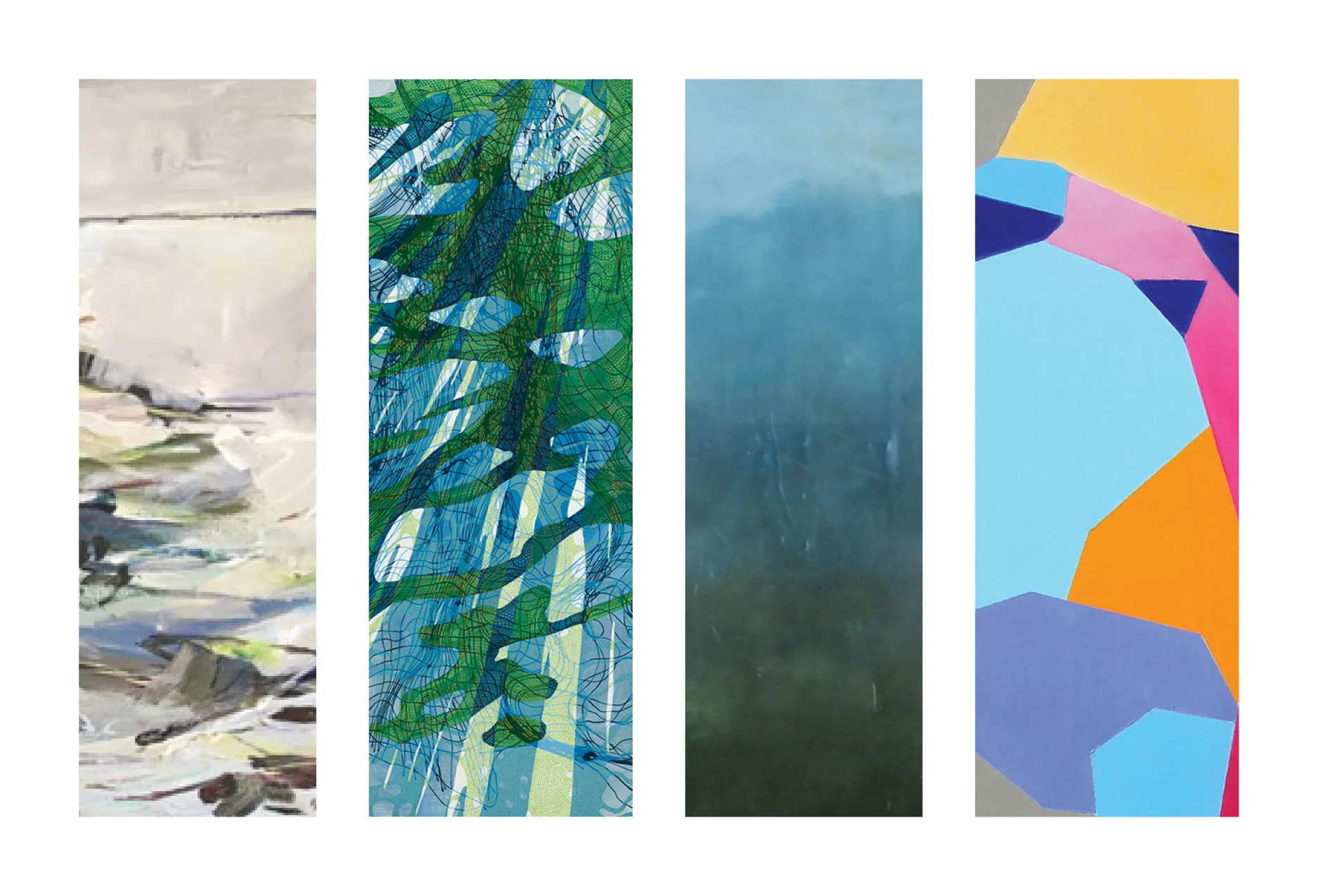 Left to right, details from: Jeffrey Fitzgerald, On and On , acrylic on canvas, Lynda Schlosberg, Breeding Ground , acrylic on panel, Linda Cordner, Skyline , encaustic and oil on board, Susan Richards, Downstream , oil on panel