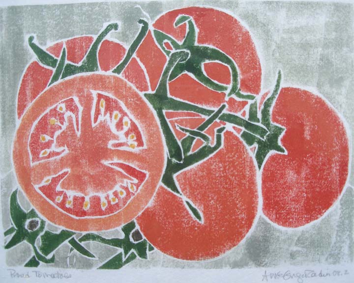 Proud Tomatoes, white line woodcut monoprint, 11¼" x 13" matted, $95