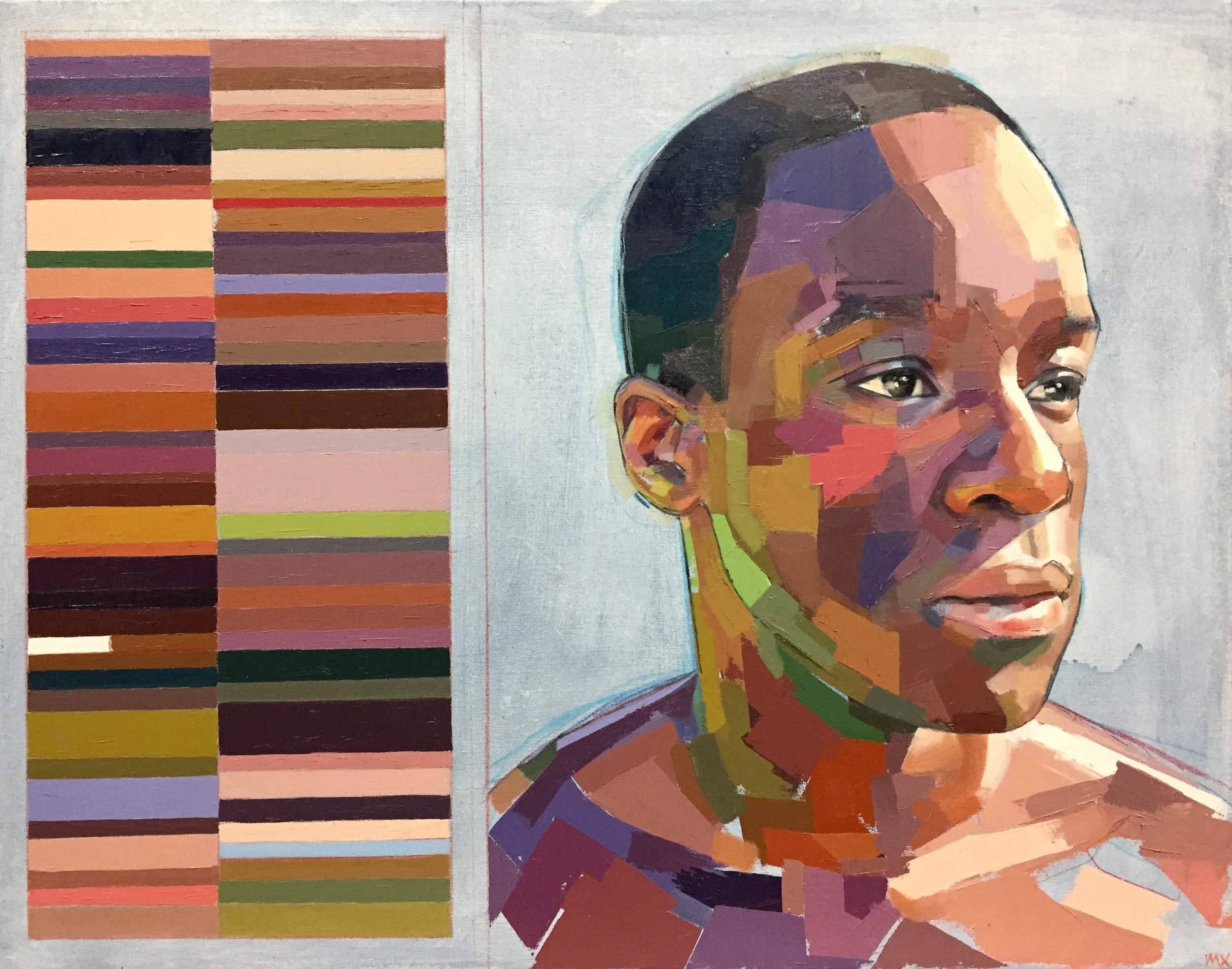 Fhiwa and His Swatches , oil, acrylic and colored pencil on canvas, 22" x 28", sold