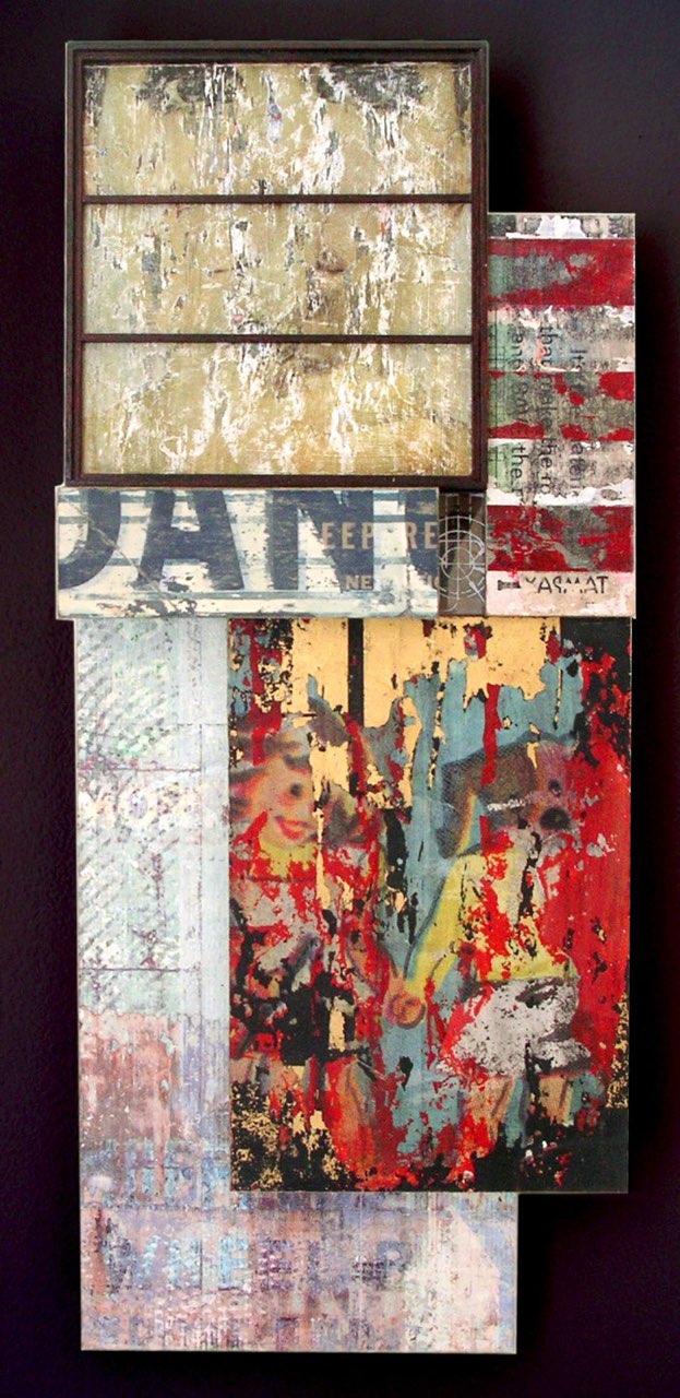 Already Gone , digital composition transferred to wood, masonite, acrylic medium, sewing patterns, 19" x 8" x 3", $800