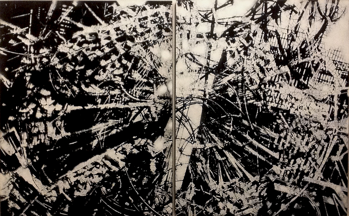Shattered Reality , hand-cut, multi-layered stencils with spray paint and enamel on two panels, 48" x 96"