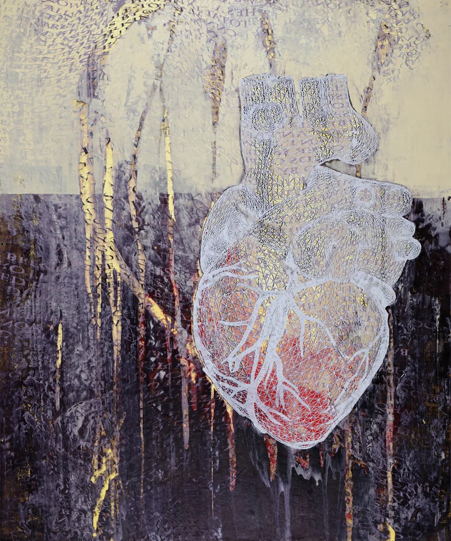 Dorothea Van Camp , Frosty Heart , screen printed oil and wax on linen over panel