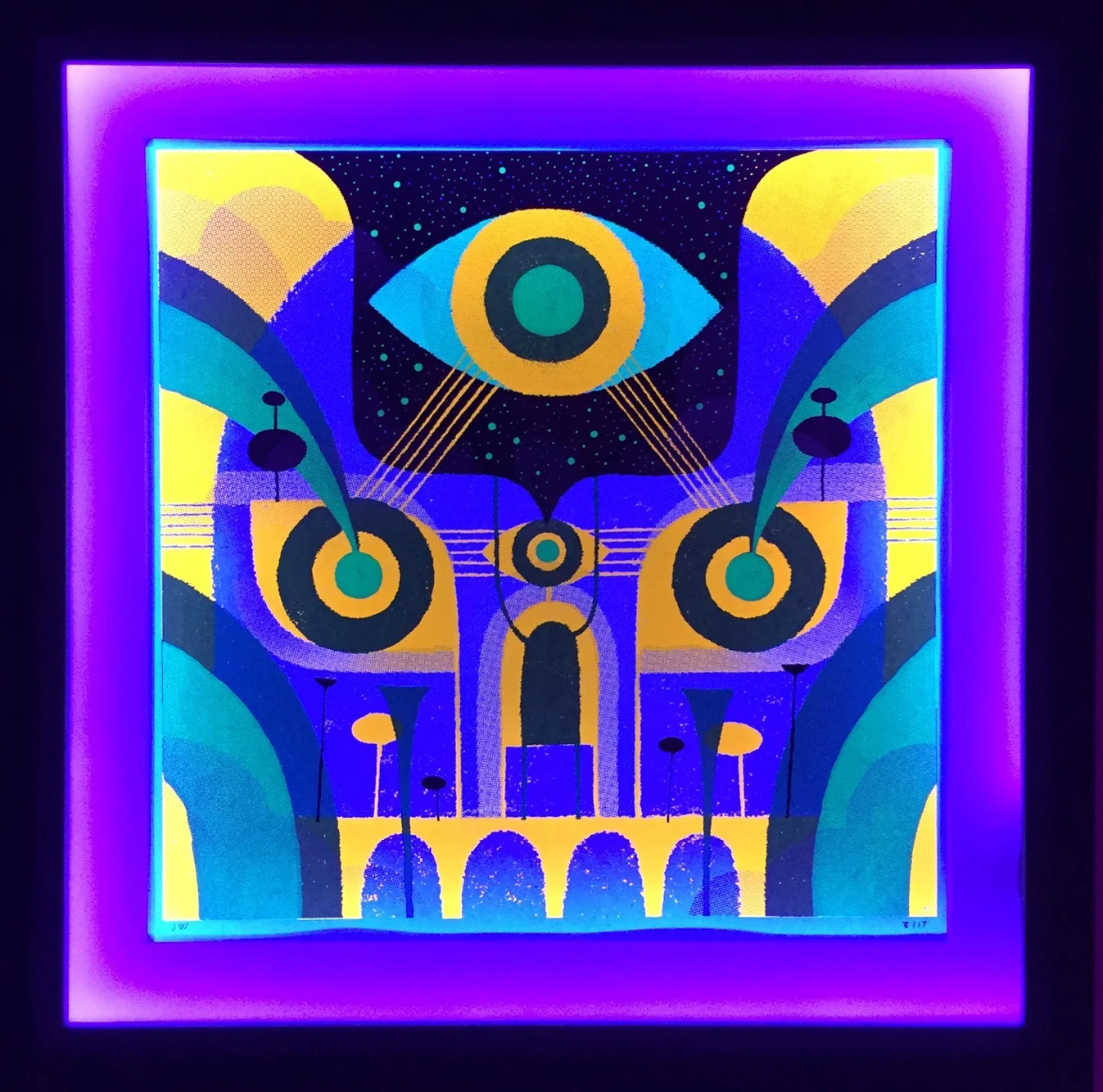 A New Age , 7-color limited edition silkscreen framed with LED blacklights, 21 3/4" x 21 1/2" framed, $750