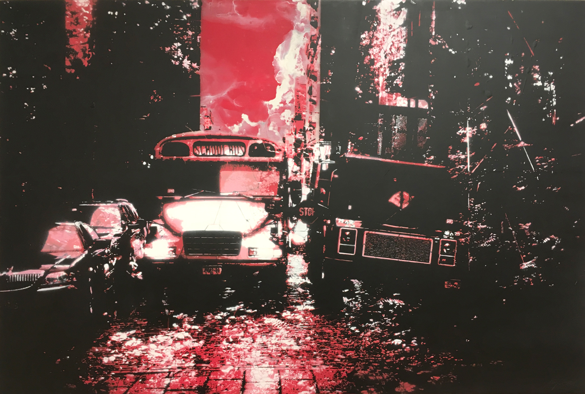 Concrete Jungle #3 (Red) , hand-cut, multi-layered stencils with spray paint and enamel on panel, 28” x 42”