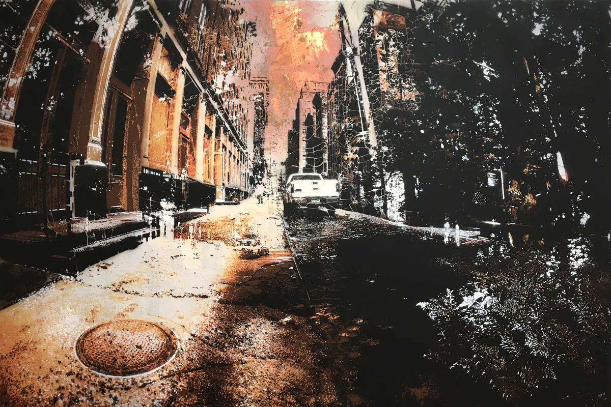 Concrete Jungle #5 (Copper) , copper leaf and hand-cut, multi-layered stencils with spray paint on panel, 28” x 42”, $6,500