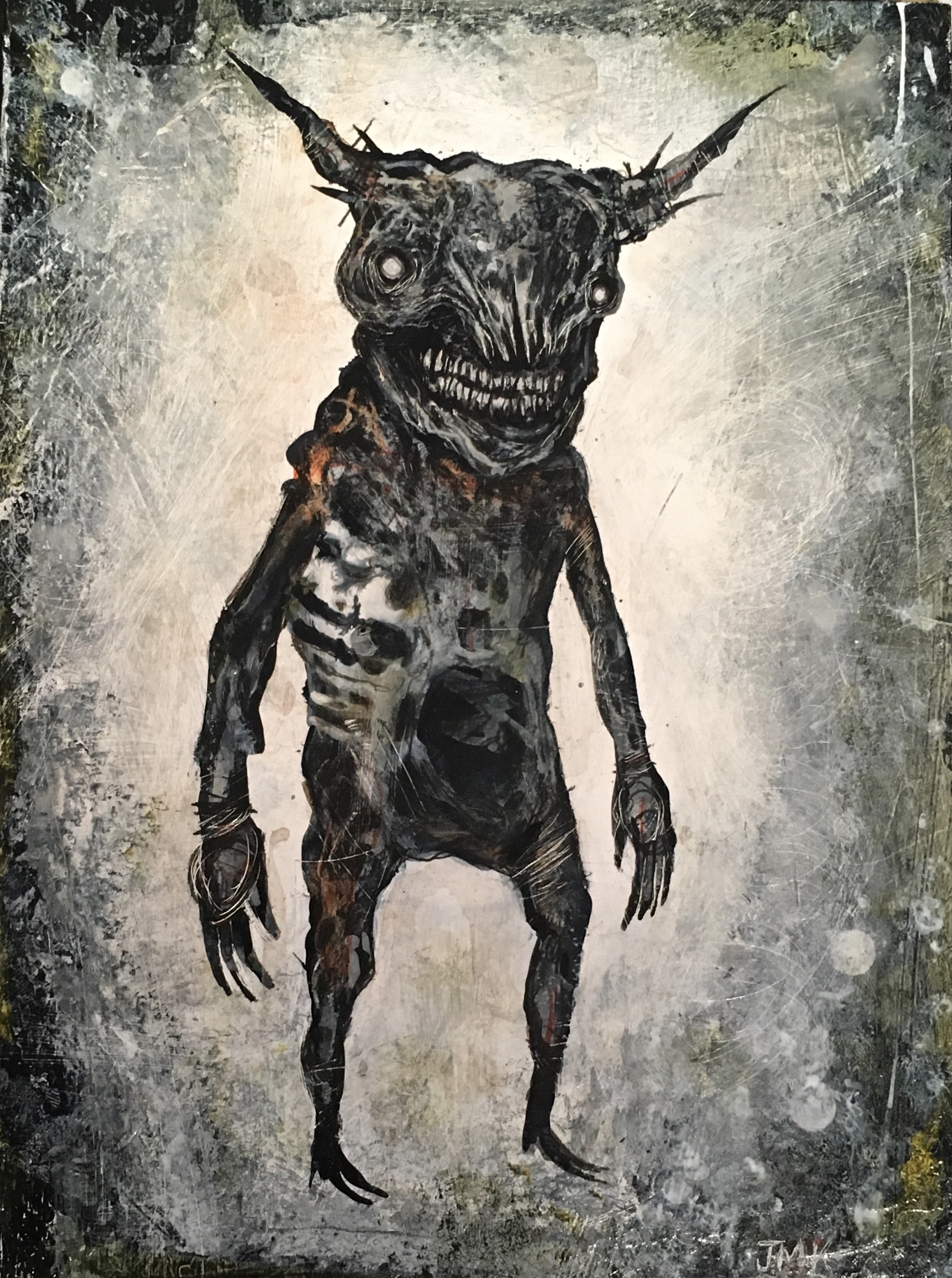 ...as if answering some silent and dreadful call, the neighbors simultaneously removed their masks and shed their skins , acrylic, ink, pencil, and graphite on wood, 8" x 6", $325