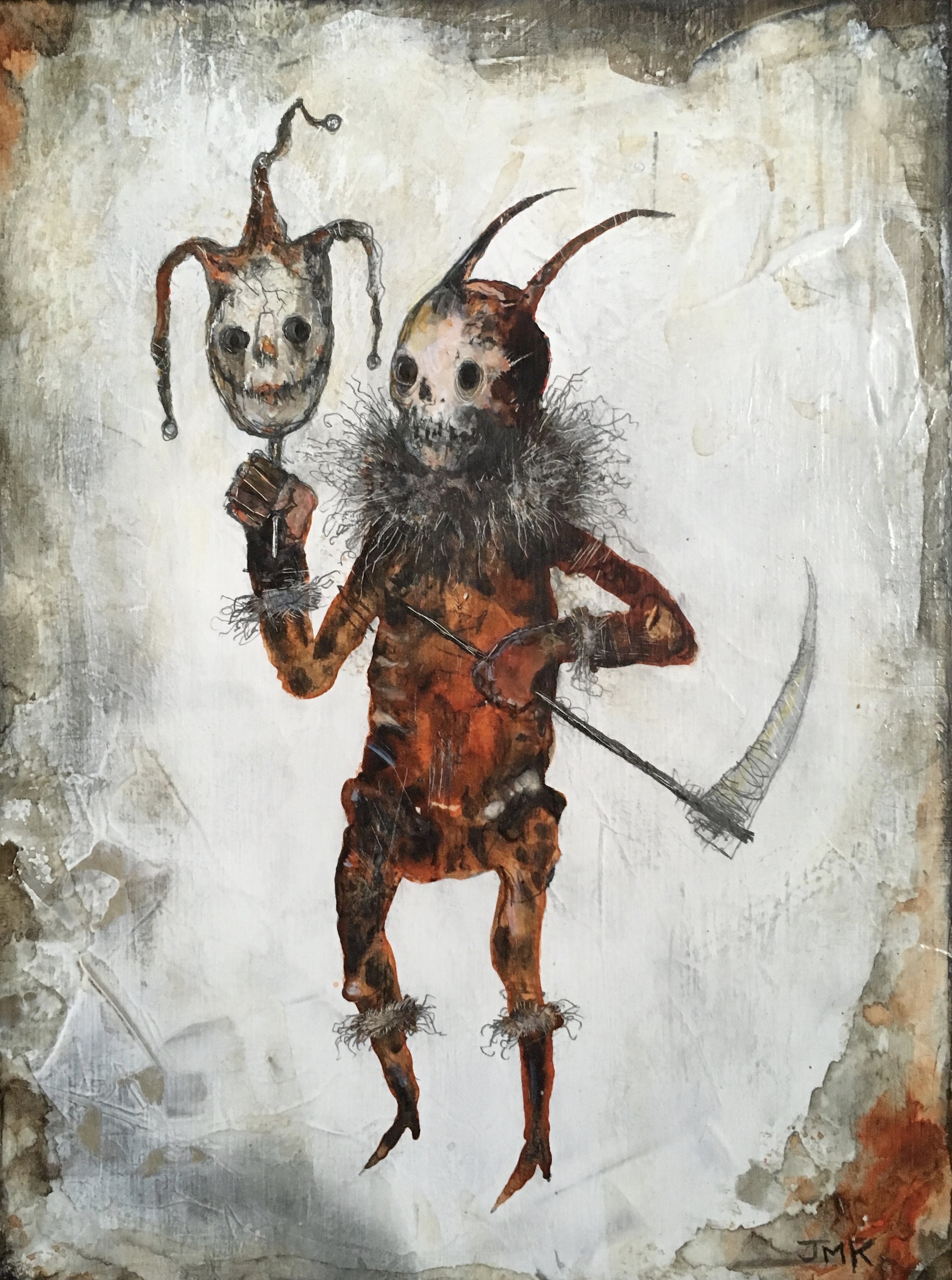 ...and the dancing gave way to weeping as that crimson prevaricator, 'The Baron of False Mirth' revealed himself to the revelers and smote their effusions of merriment , acrylic, ink, pencil, and graphite on wood, 8" x 6", sold
