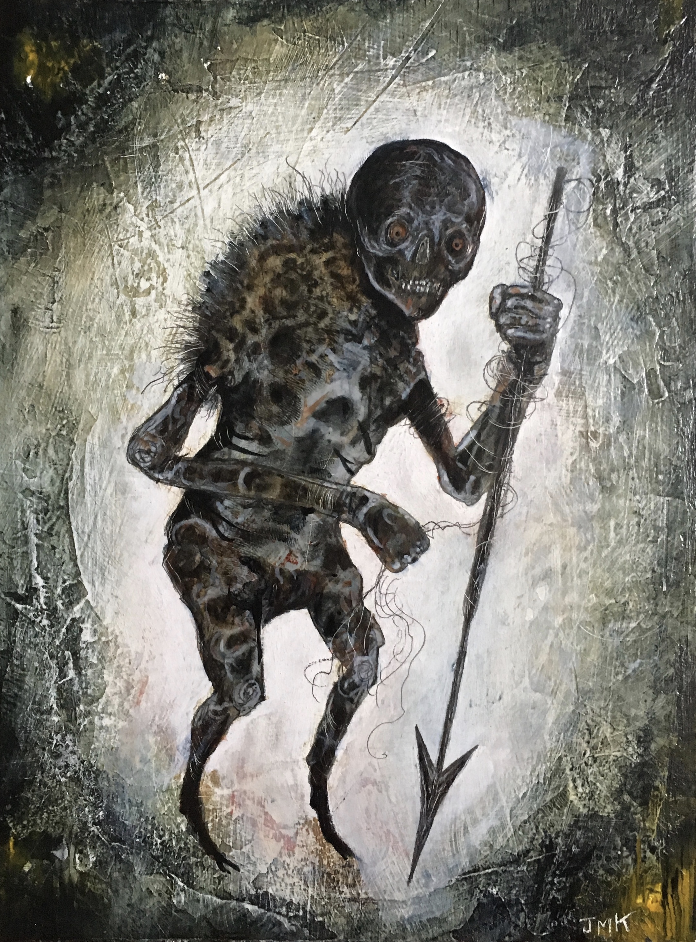 Hyenas as Henchmen, Blunt Objects and Pointed Spears , acrylic, ink, pencil, and graphite on wood, 8" x 6"