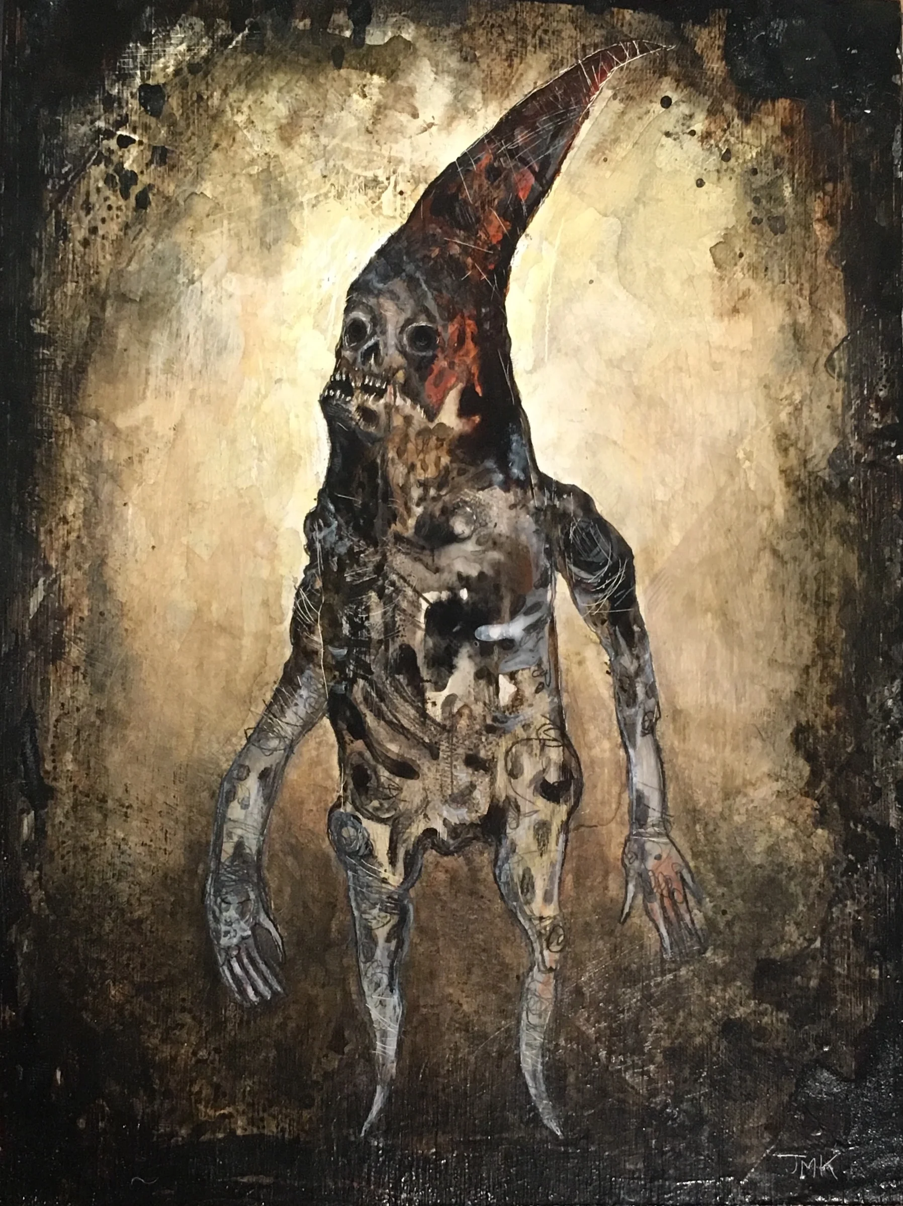 The Miserabilist's Familiar , acrylic, ink, pencil, and graphite on wood, 8" x 6"