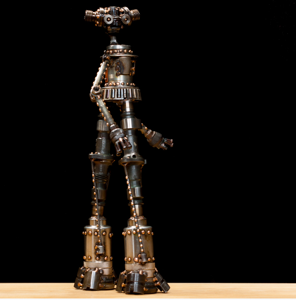 Stormy #324 , Mercury-class astrobot, re-purposed bicycle parts, motorcycle camshafts, bearing race, lag bolt, trailer pin, rivets, nuts, bolts, washers, copper, bronze, 19½" x 11" x 6", sold