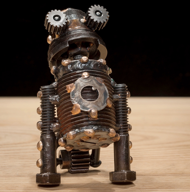 Kit #321 , Neutrino-class astrobot, bicycle parts, bolts, threaded pipe, washers, rivets, screw, wing nut, copper, bronze, 4" x 2 ½" x 2 ½", sold