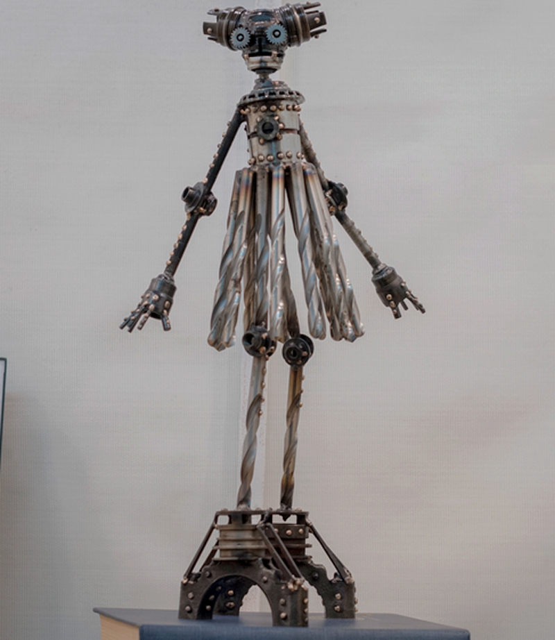Sonja #319 , Mercury-class astrobot, re-purposed bicycle parts, drill bits, pillow blocks, flooring nails, washers, bolts, nut, copper, bronze, 21" x 12" x 7", sold