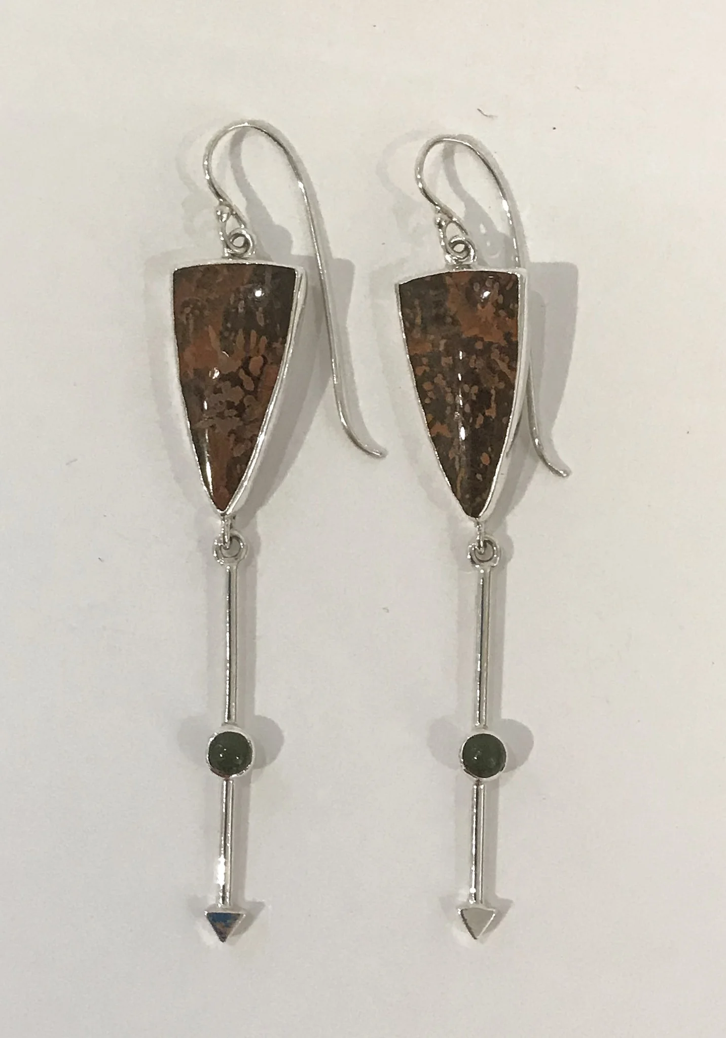 Sterling silver earrings set with spider jasper and jade, $140