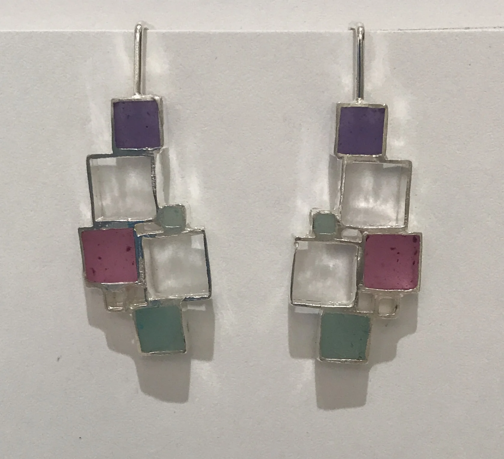 Open square earrings , sterling silver and resin