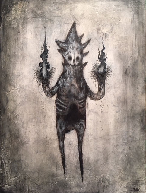 The Great and Secret Fire within , acrylic, ink, pencil, and graphite on wood, 8" x 6", sold