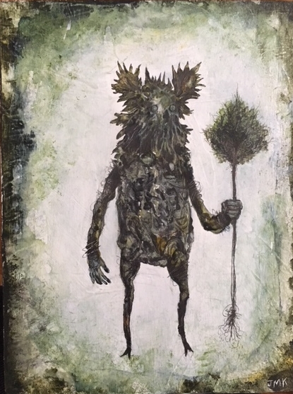 The promise of Green to come , acrylic, ink, pencil, and graphite on wood, 8" x 6", sold